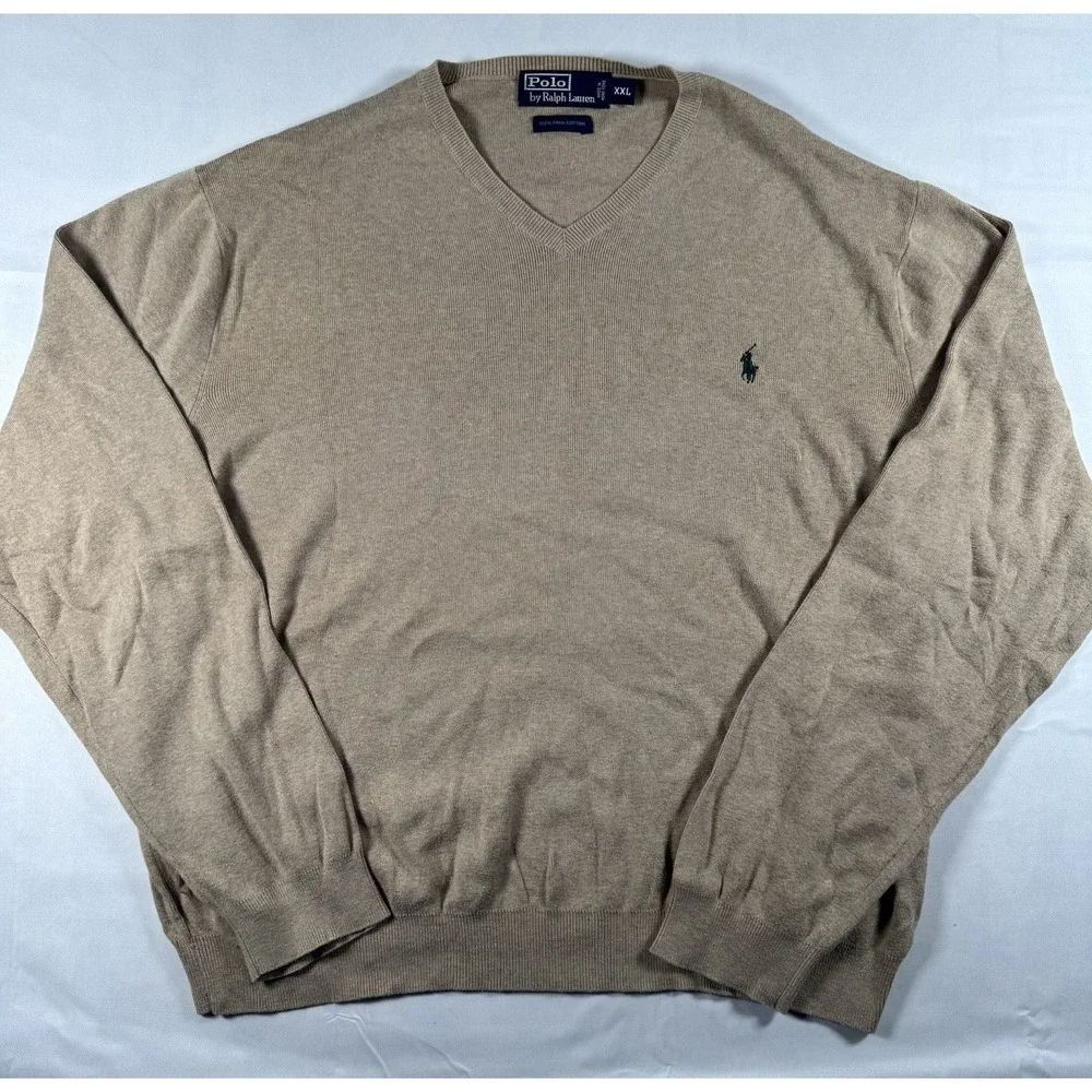Vintage 90s Polo Ralph Lauren Mens XXL Pima Cotton V Neck Sweater Tan Pony